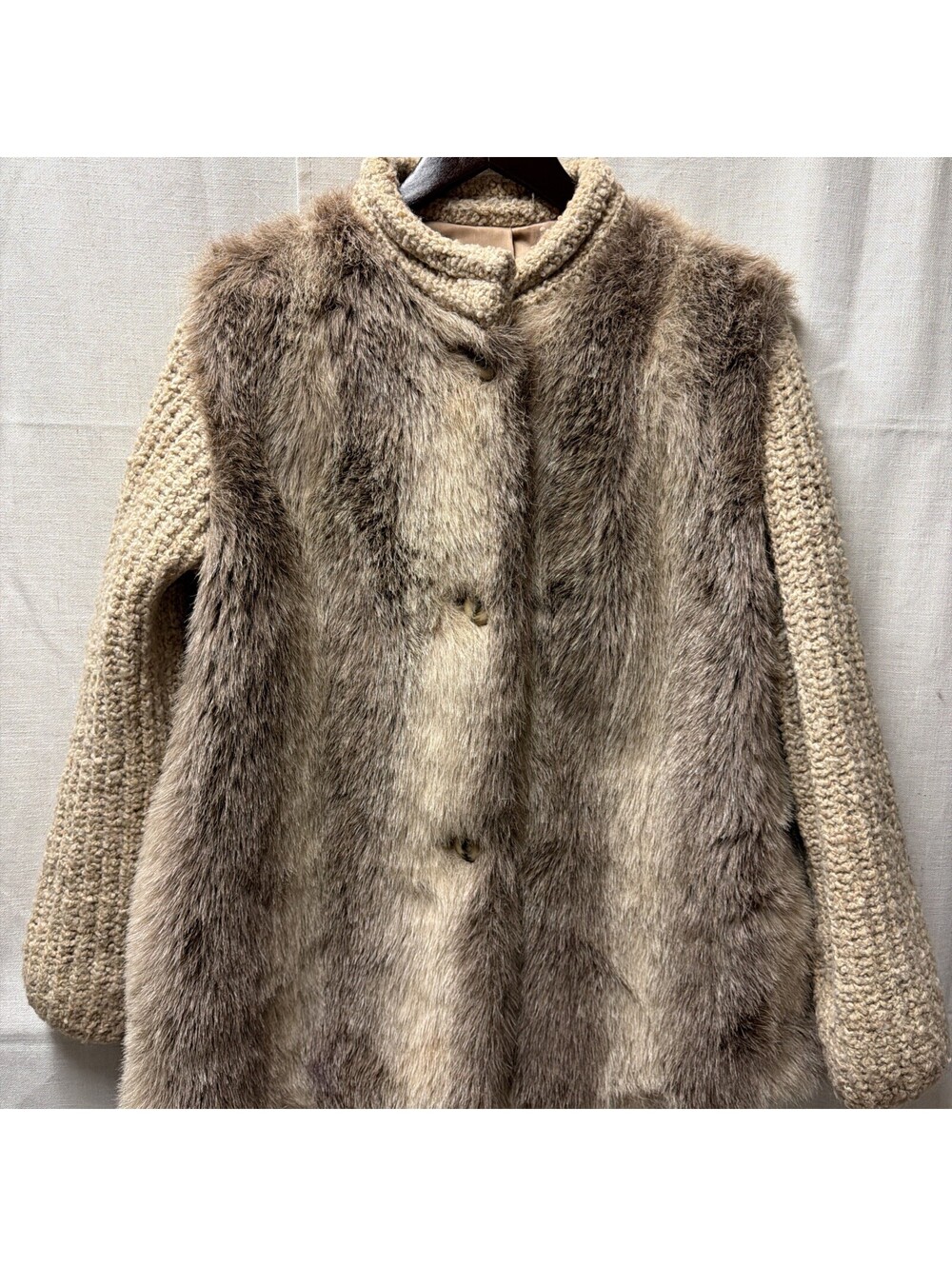 Vintage Dubrowsky & Joseph Faux Fur Coat w Knit Sleeves-women’s size 12